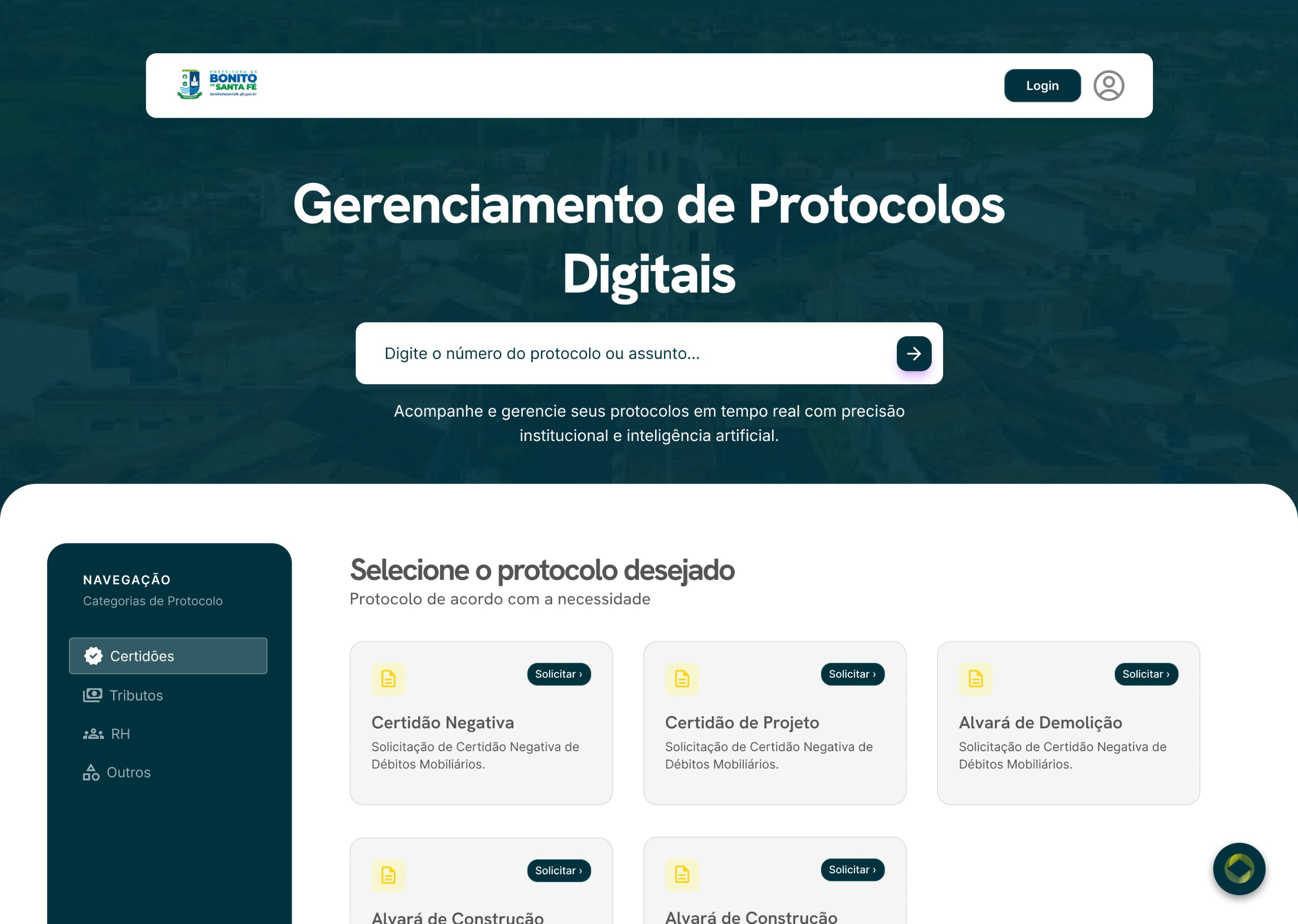 Tela inicial do portal de serviços para cidadão e servidor com gerenciamento de protocolos digitais